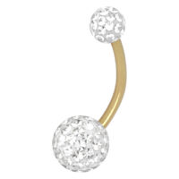 Goldenes Bananabell mit Kristallkugeln 8mm Goldenes Bananabell mit klaren Kristallkugeln auf weißem Hintergrund