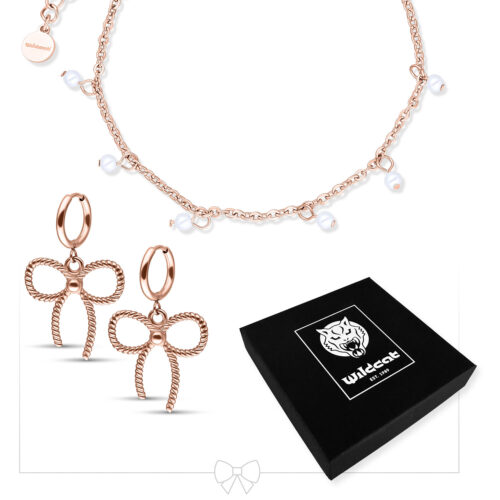 Little Pearl Bracelet with Twisted Bow Hoops Set - Oro rosa
