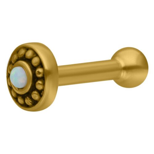 Goldenes Ohrbarbell mit tribalem Design und weißem Opal