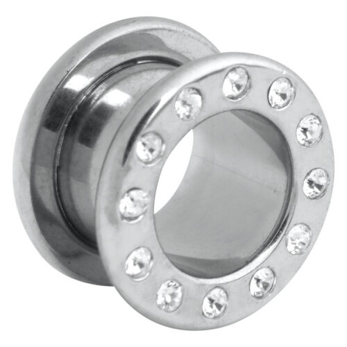 Silberner Tunnel aus Chirurgenstahl mit kristallklaren Steinen auf weißem Hintergrund