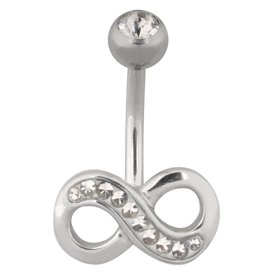 Piercing all'ombelico in argento con cristalli e simbolo dell'infinito su sfondo bianco