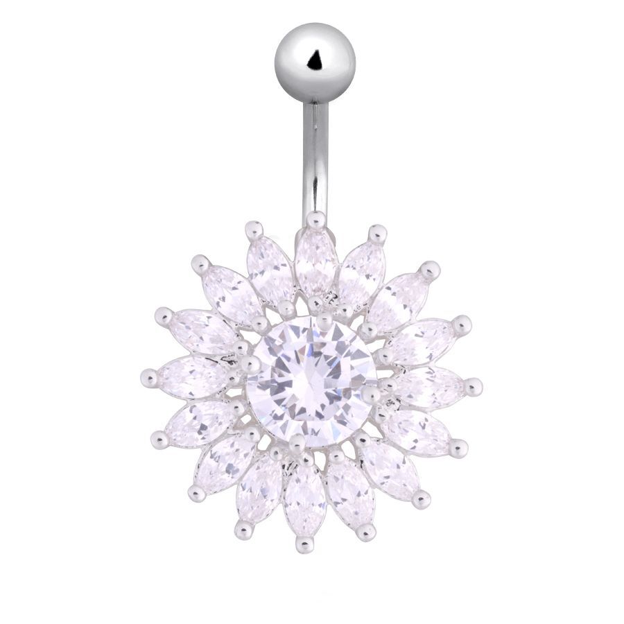 Sun Flower Bananabell in titanio e cristallo Piercing all'ombelico a forma di girasole con cristalli chiari e barra in titanio argentato