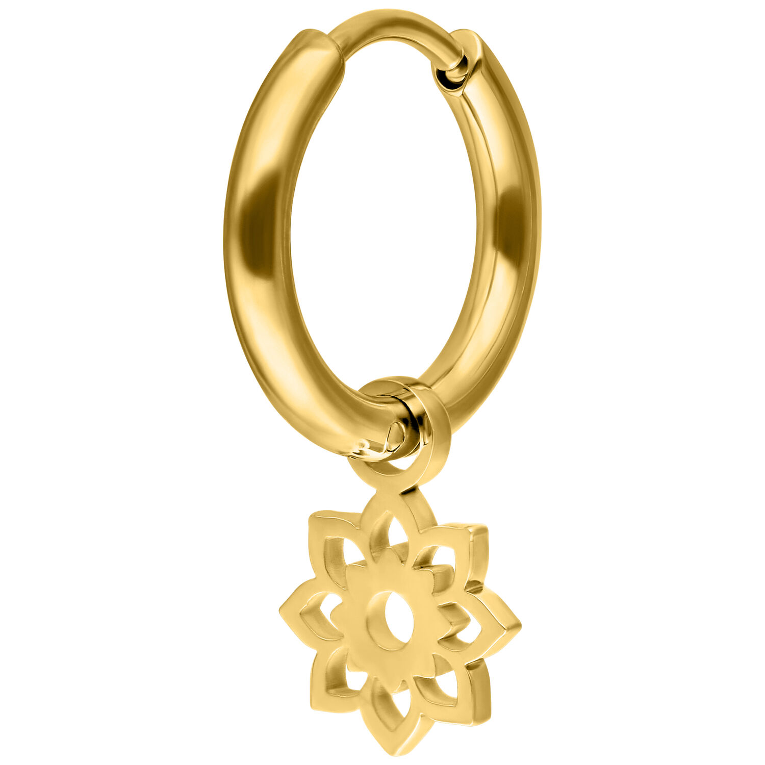 Goldene Mini Flower Hoop Ohrringe auf weißem Hintergrund