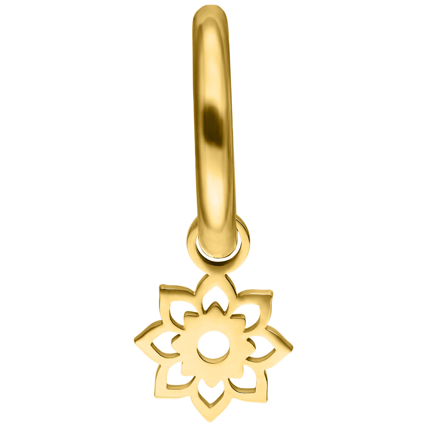 Goldene Mini Flower Hoops Ohrringe auf weißem Hintergrund