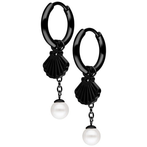 Mini Hoops Conchiglia e Perla Pendente - Nero