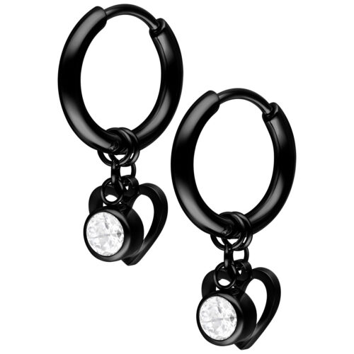 Mini Hoops con Cuore e Cristallo Pendente - Nero