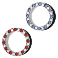 Zwei silberne Tunnel mit roten und blauen Kristallen auf weißem Hintergrund