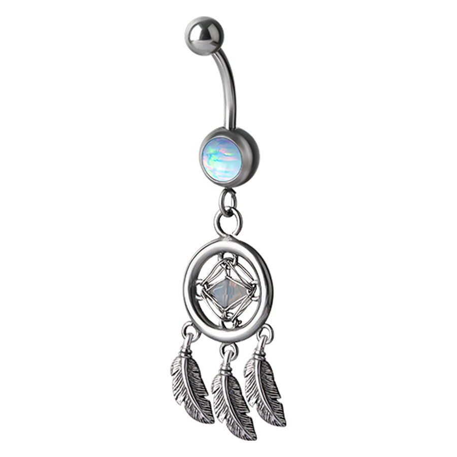 Silbernes Bananabell mit mintgrünem synthetischem Opal und Traumfänger-Design