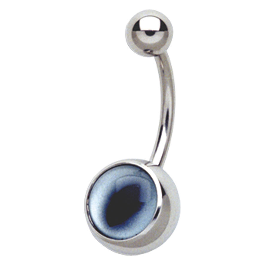 Piercing all'ombelico Shark Eye in argento Piercing all'ombelico in argento con occhio blu-nero su sfondo bianco