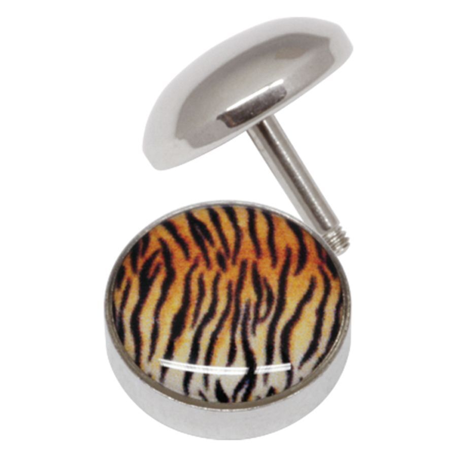 Tiger Fake Plug in argento con stampa tigre Fake plug argento con stampa tigre su sfondo bianco