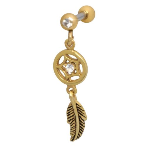 Barbell orecchio cristallo argento e acciaio con acchiappasogni pendente - Oro