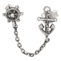 Catena d'orecchini d'argento con ancora e timone su sfondo bianco