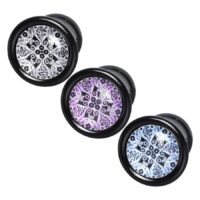 Drei Cocoon Plugs aus PMMA in Schwarz/Weiß, Türkis und Violett auf weißem Hintergrund