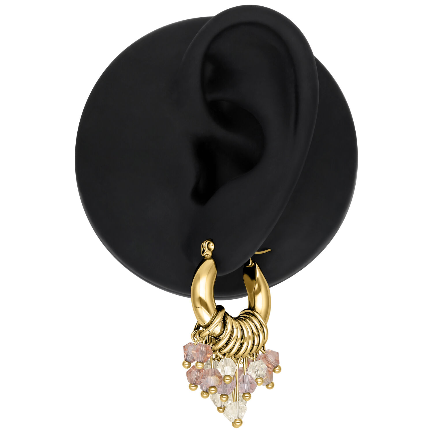 Goldene Ohrringe mit funkelnden Kristallen an schwarzem Ohrmodell