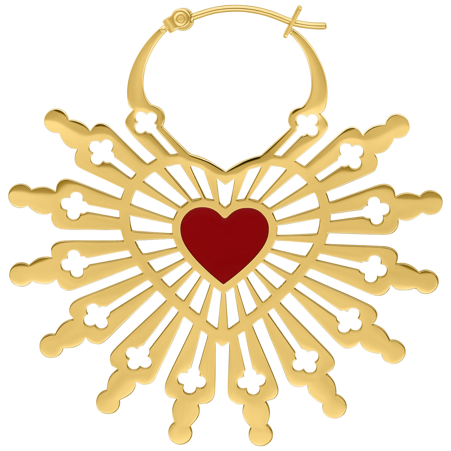 Goldene Ohrringe in Herzform mit rotem Herz in der Mitte auf weißem Hintergrund