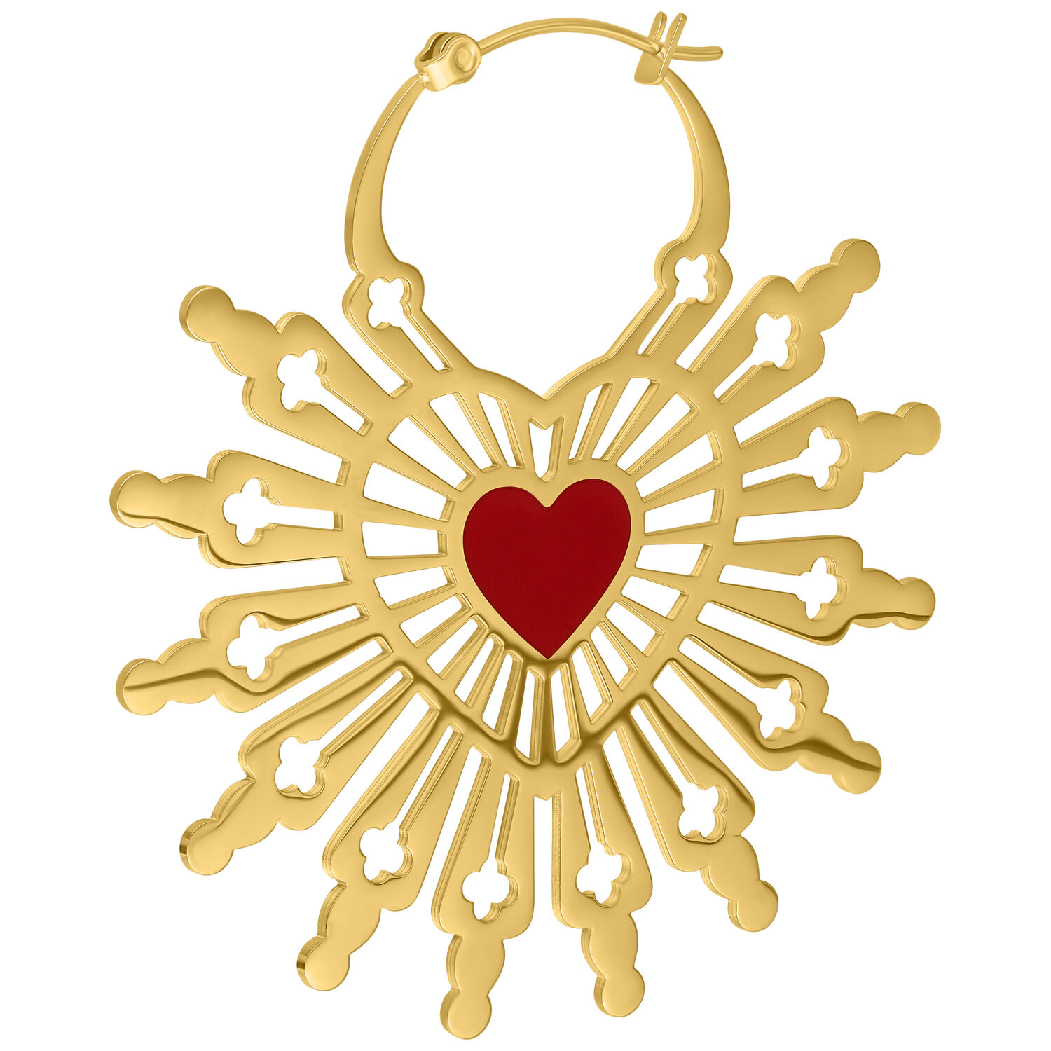 Goldener Ohrring mit rotem Herzmotiv und Klappverschluss auf weißem Hintergrund