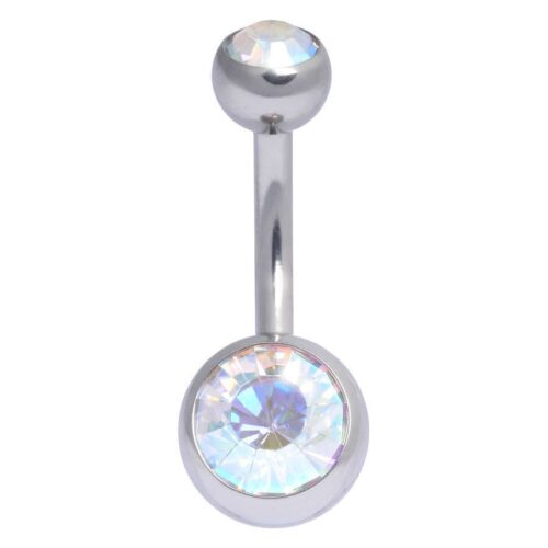 Piercing all'ombelico in argento con cristalli Aurora Boreale su sfondo bianco