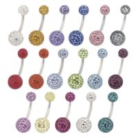 Banana per ombelico con cristalli colorati Diverse banane per ombelico in titanio con cristalli colorati su sfondo bianco
