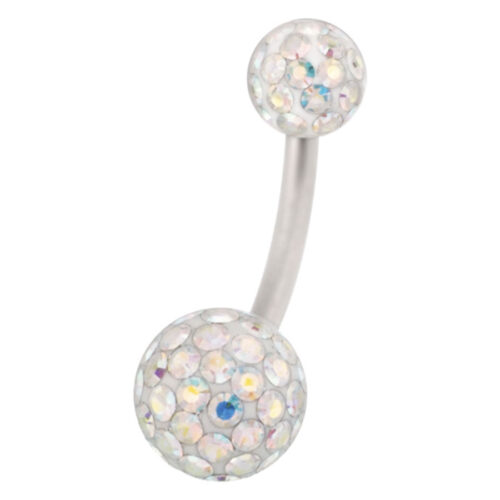 Piercing ombelico in titanio con cristalli Aurora Boreale su sfondo bianco