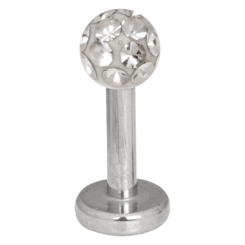 Silbernes Labret mit kristallklarer Kugel auf weißem Hintergrund