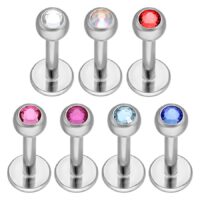 Labret in titanio argentato con cristalli chiari, rossi, rosa e blu su sfondo bianco