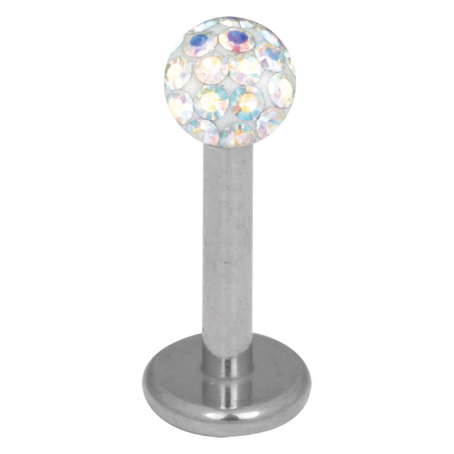 Silberner Titan Labret mit 3,0 mm Aurora Boreale Kristall auf weißem Hintergrund