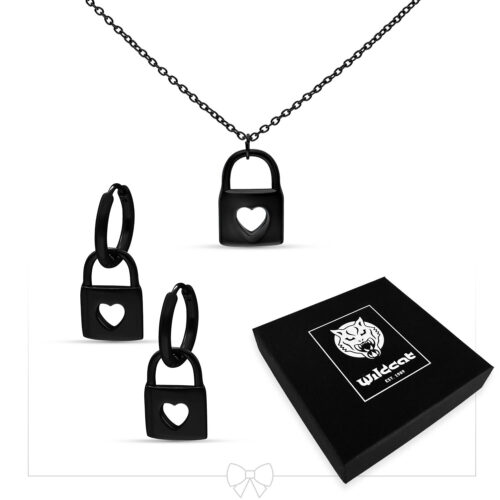 Little Lock Necklace with Hoops Set - Nero