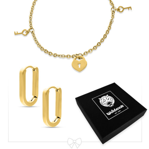 Little Key Lock Bracelet with Hoops Set - Oro