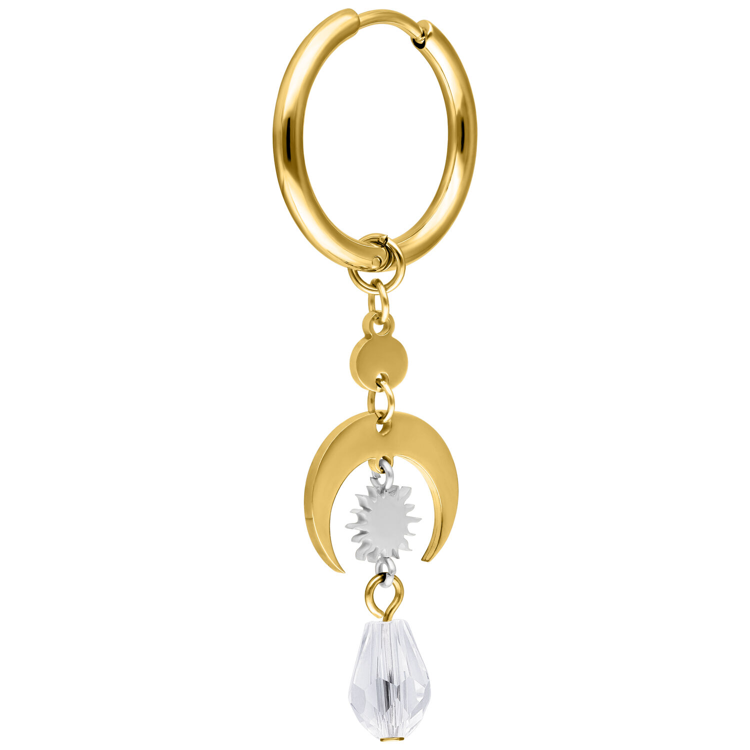 Goldene Creolen mit Kristallanhänger Goldene Creole mit silbernem Mond und klarem Kristall auf weißem Hintergrund