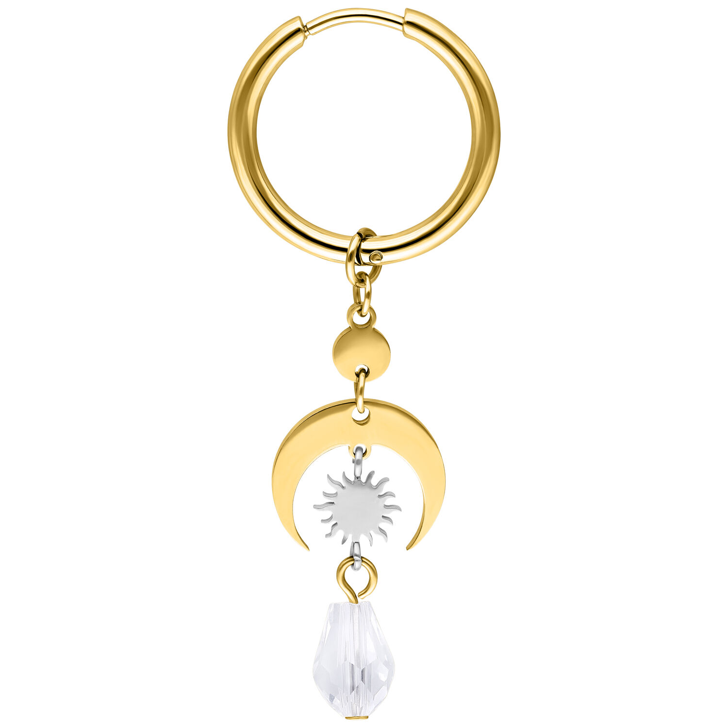 Goldene Creolen mit Sonne und Kristallanhänger Goldene Ohrringe mit halbmondförmigem Anhänger, Sonne und Kristall auf weißem Hintergrund