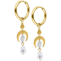 Celestial Light Hoops Gold mit Kristallanhänger Goldene Creolen mit Kristallanhänger und Halbmond-Design auf weißem Hintergrund