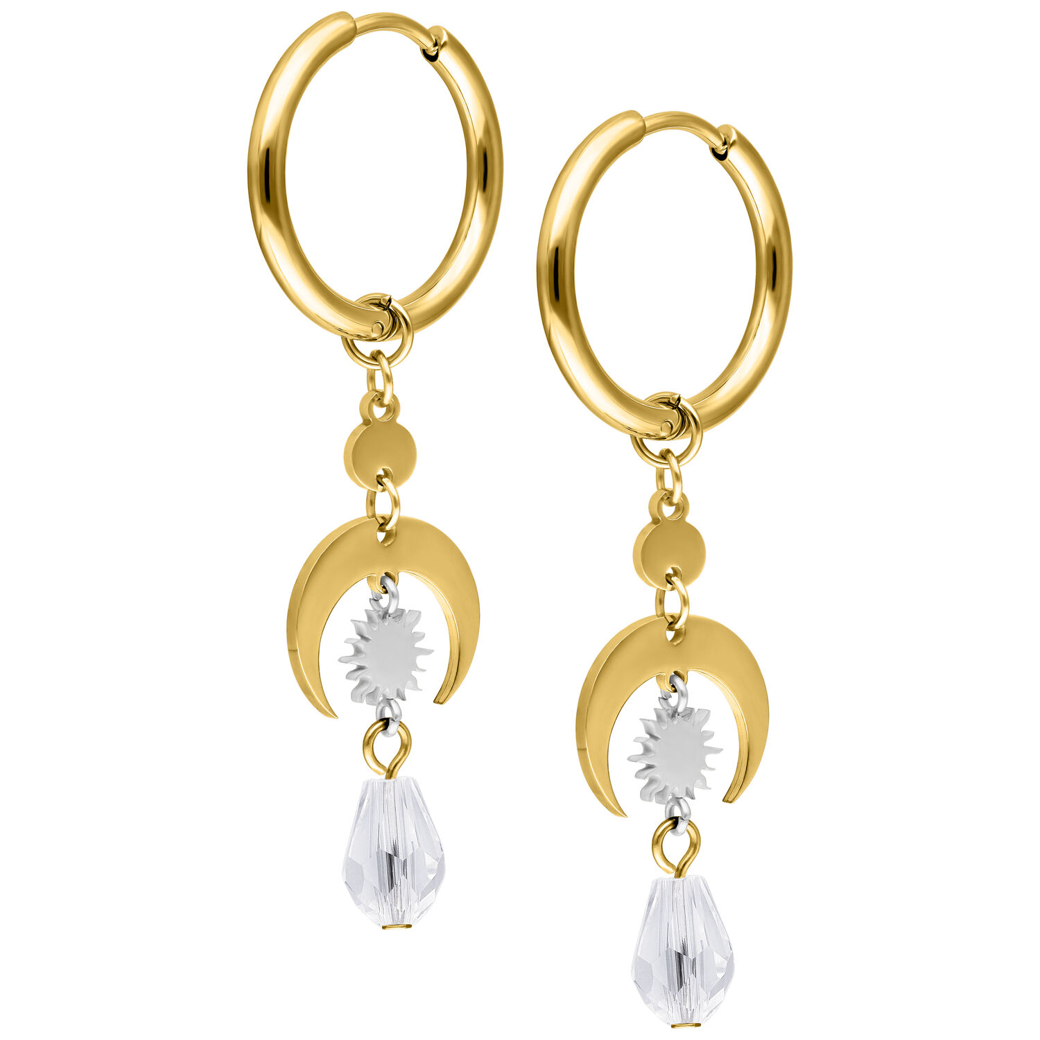 Celestial Light Hoops Gold mit Kristallanhänger Goldene Creolen mit Kristallanhänger und Halbmond-Design auf weißem Hintergrund