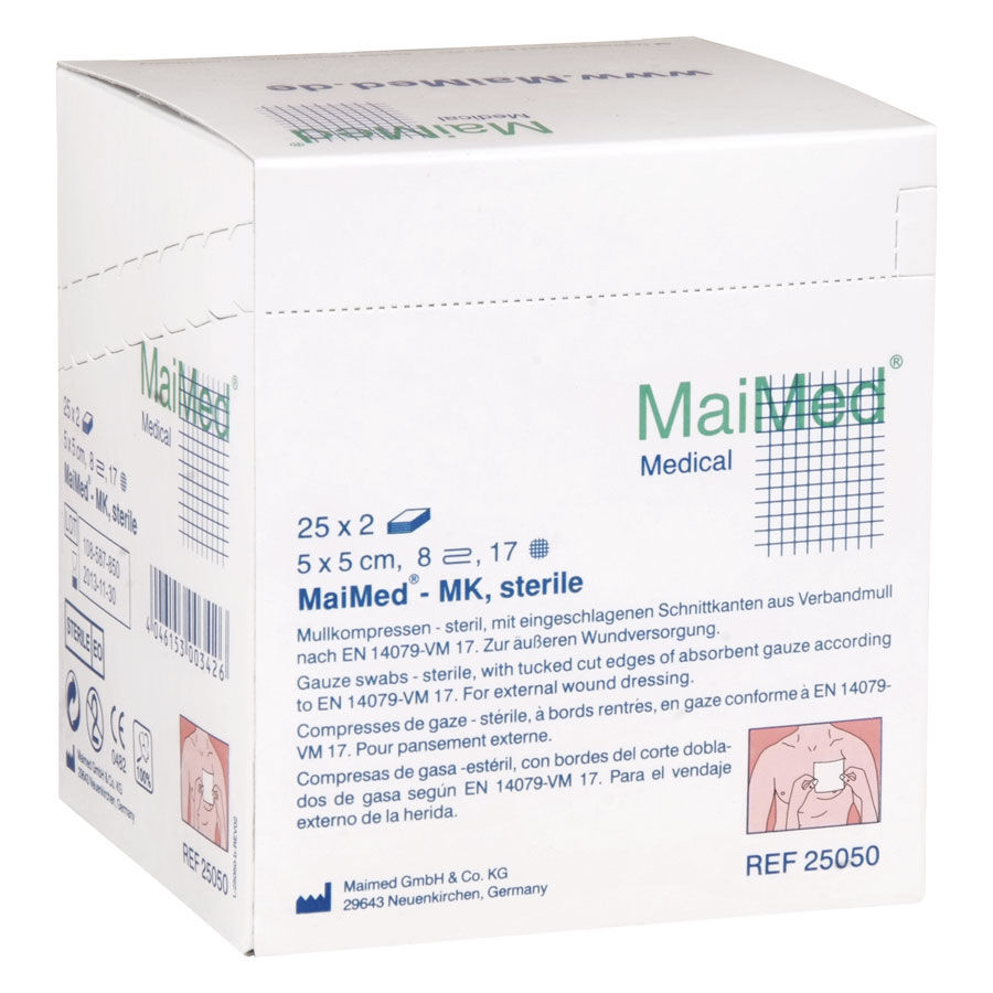 Garze MaiMed 5x5 cm, 8 strati, sterile Scatola bianca con garze, marca MaiMed, 5x5 cm, su sfondo bianco