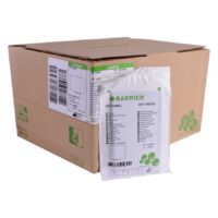 Scatola di cartone marrone con confezione di Barrier OP Tuch davanti su sfondo bianco