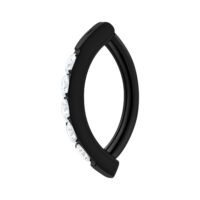 Clicker per ombelico in titanio nero con cristalli chiari su sfondo bianco