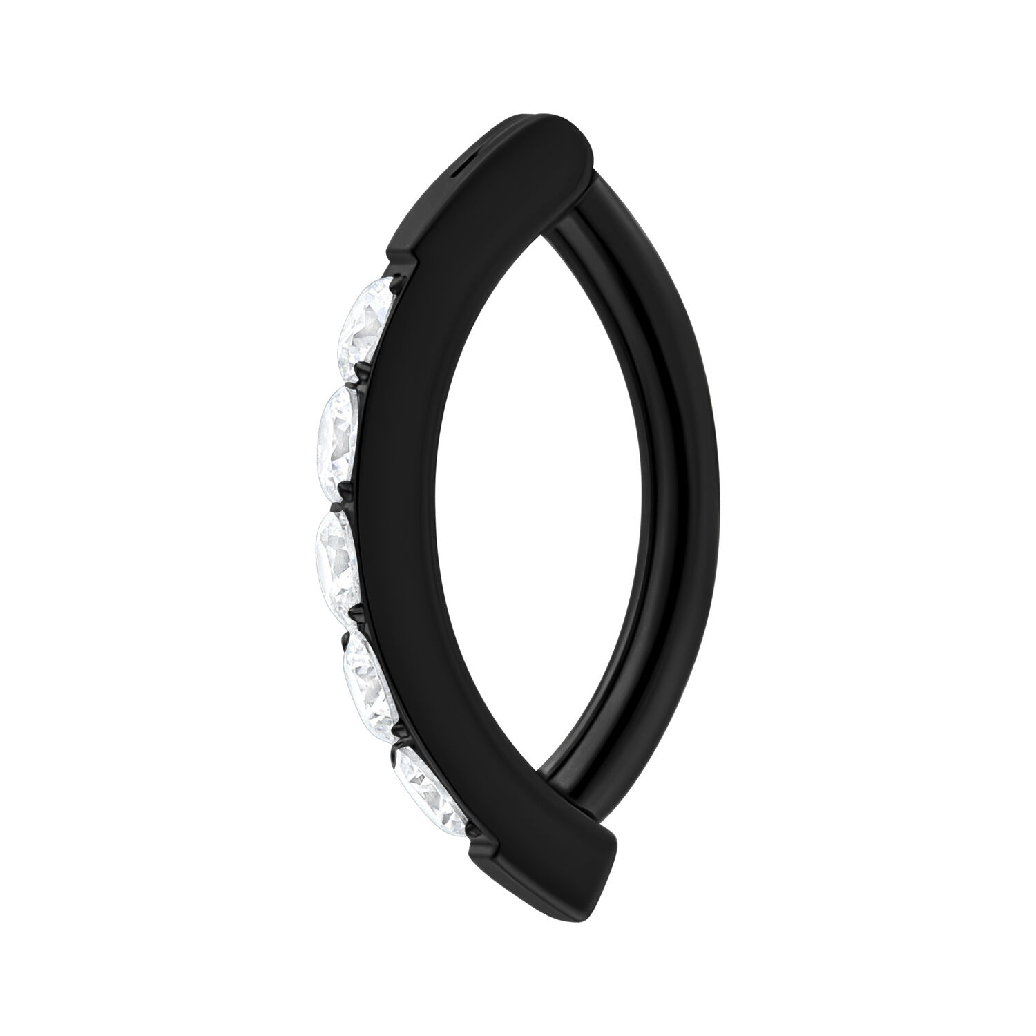 Clicker per ombelico in titanio nero con cristalli chiari su sfondo bianco