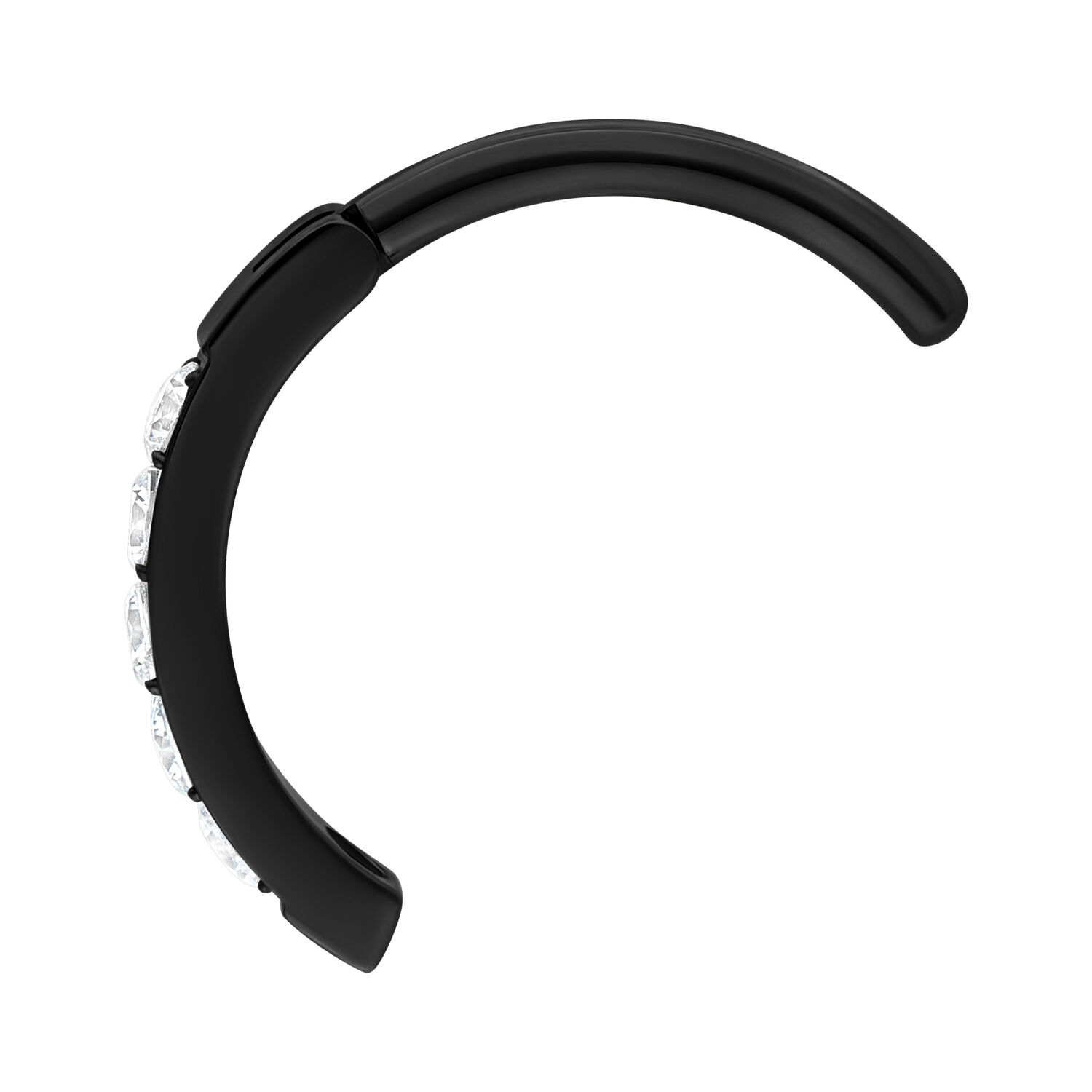 Clicker nero per ombelico con cristalli chiari su sfondo bianco