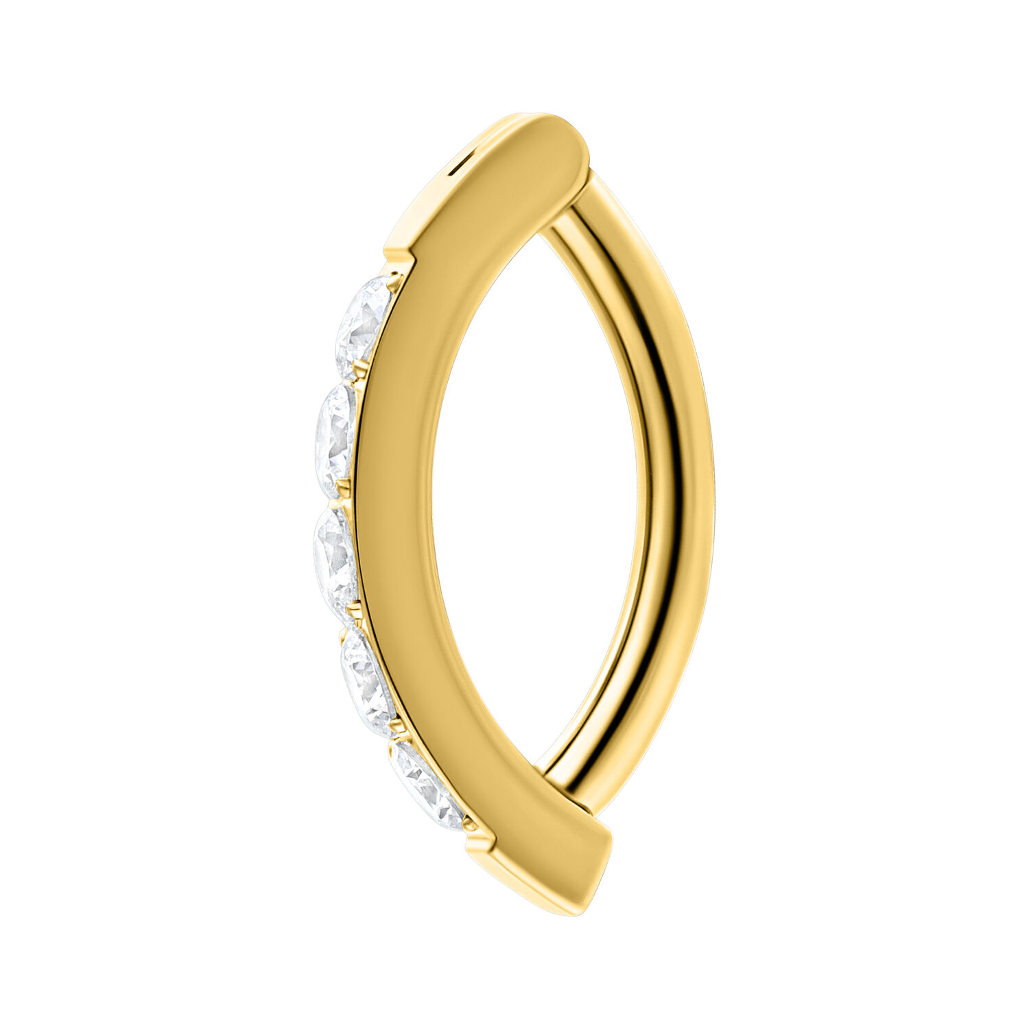 Clicker dorato per ombelico con cristalli Clicker dorato per ombelico con cristalli chiari su sfondo bianco