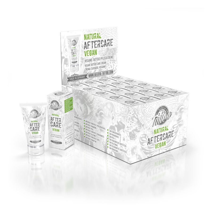 Believa Tattoo Aftercare Box con tubo su sfondo bianco