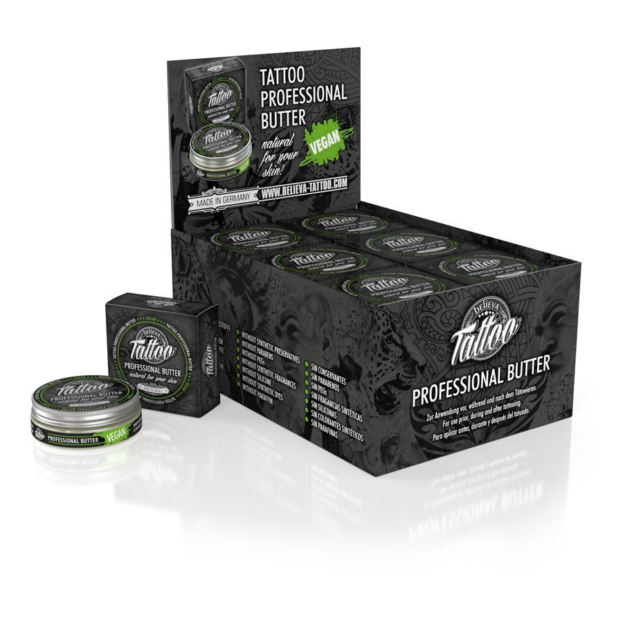 Believa Tattoo Butter in confezione da 35 ml, in confezione nera con dettagli verdi, su sfondo bianco