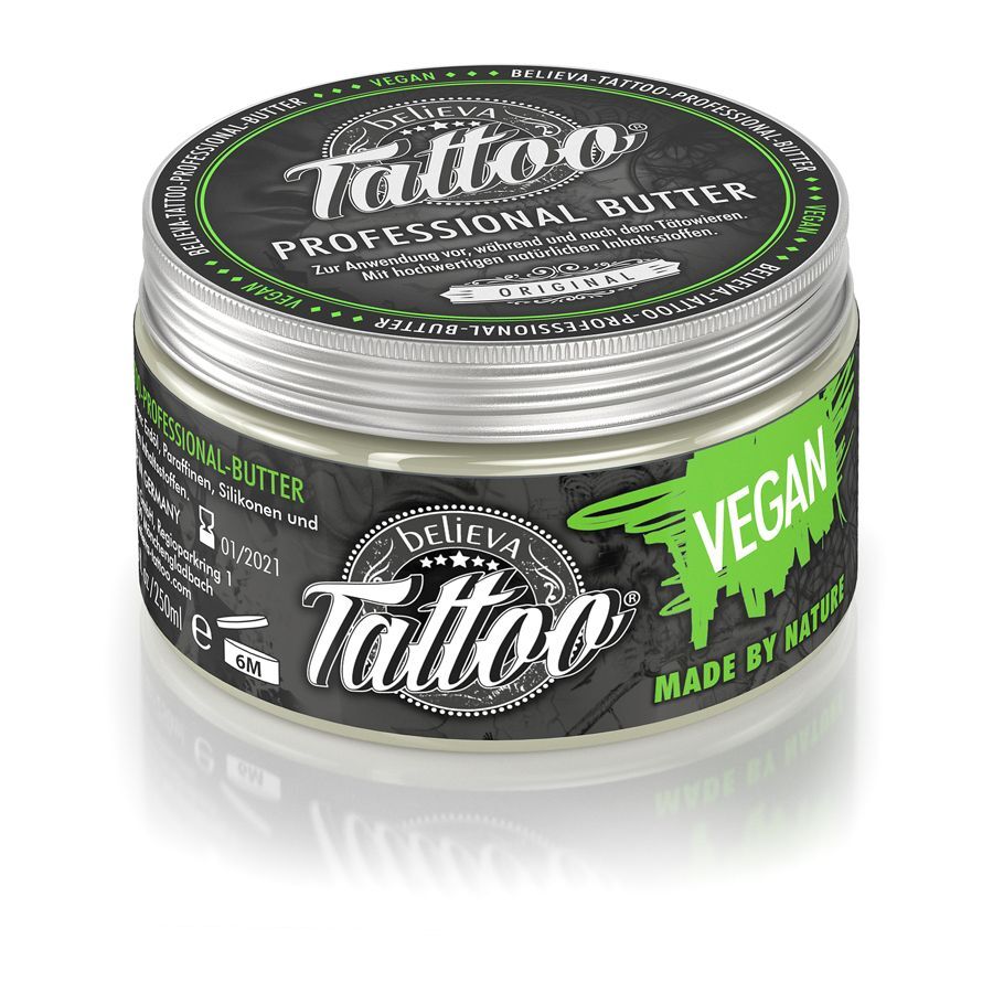 Believa Tattoo Butter – Cura Vegana Believa Tattoo Butter in confezione rotonda, formula vegana, design verde