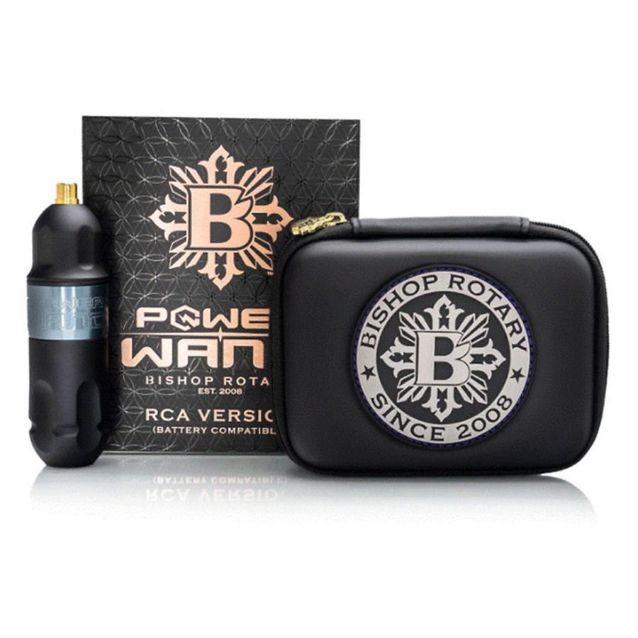 Nero Bishop Power Wand Shader Set Macchina per tatuaggi Bishop Power Wand Shader nera con custodia su sfondo bianco