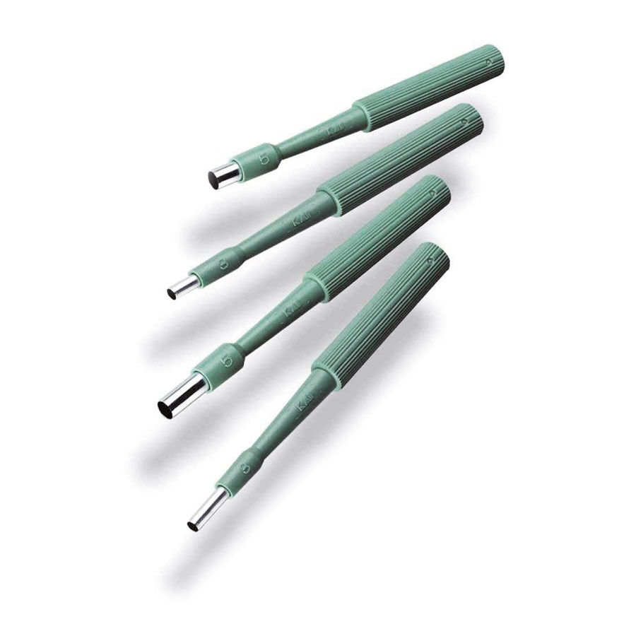 Wildcat Biopsy Punch Set in verde Quattro Biopsy Punch verdi con punte in acciaio inossidabile su sfondo bianco