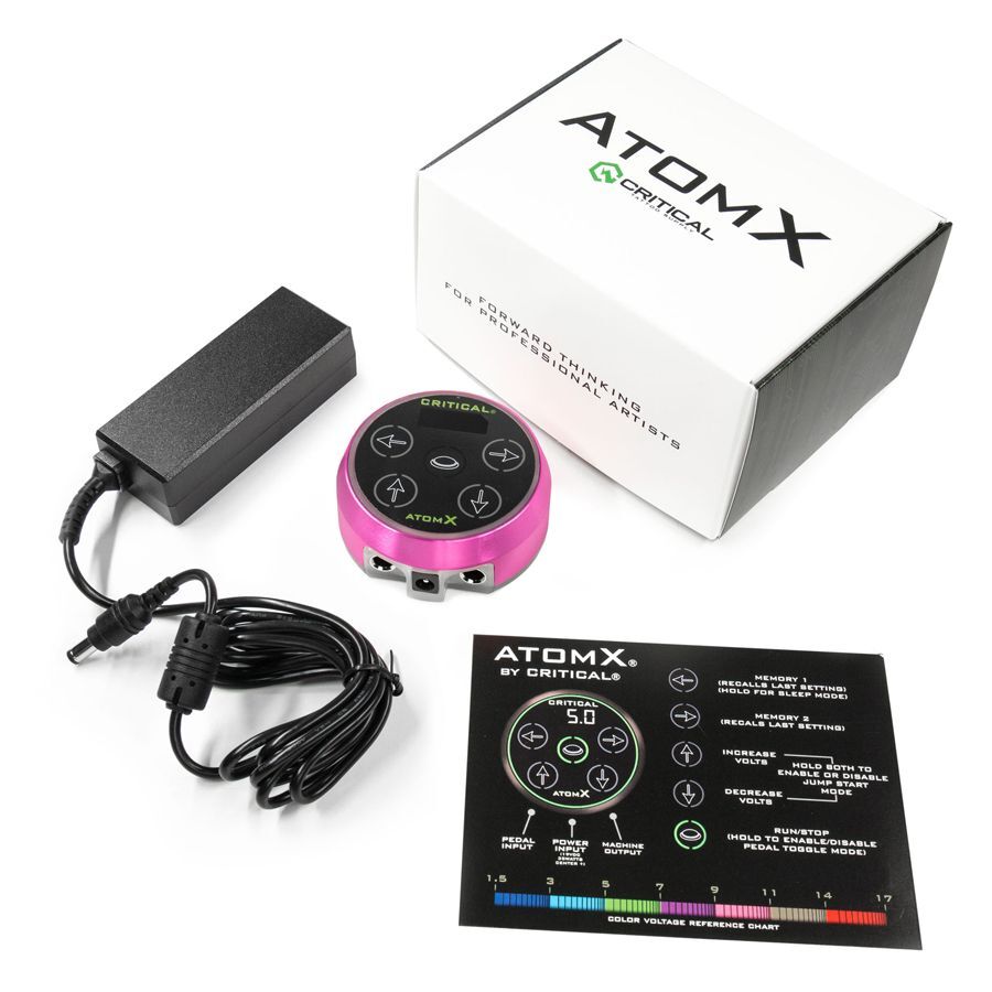 Alimentatore rosa Critical Atomx con accessori su sfondo bianco