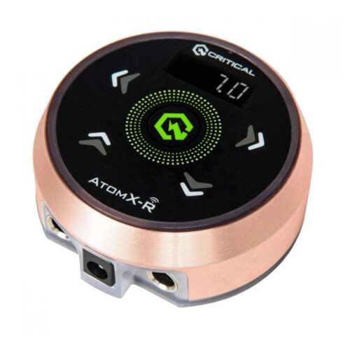 Alimentatore Atomxr rotondo in roségold con superficie nera e display