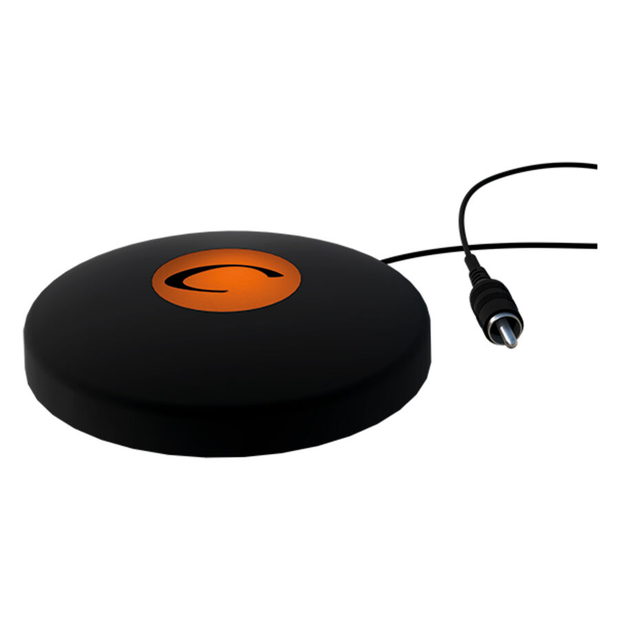 Interruttore a pedale nero rotondo con logo arancione e cavo su sfondo bianco