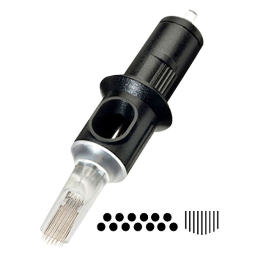 Testina per tatuaggi nera con parte anteriore trasparente su sfondo bianco