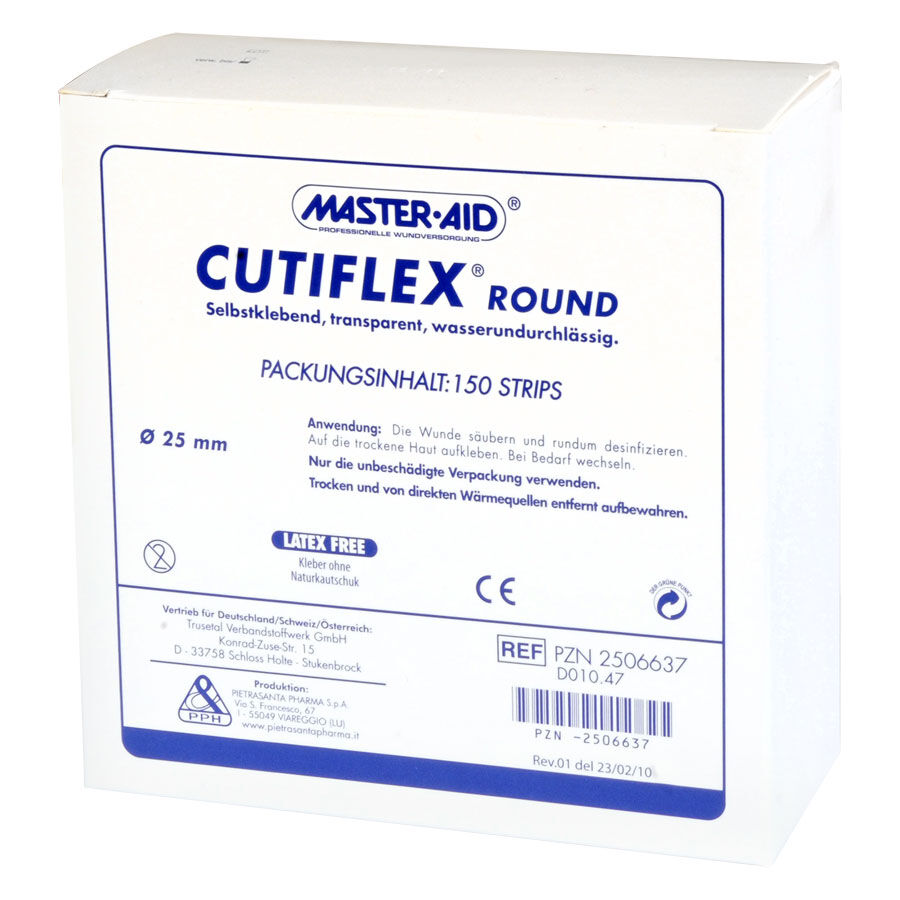Cerotto Trasparente Cutiflex Round Confezione bianca di Cutiflex Round con logo blu Master Aid