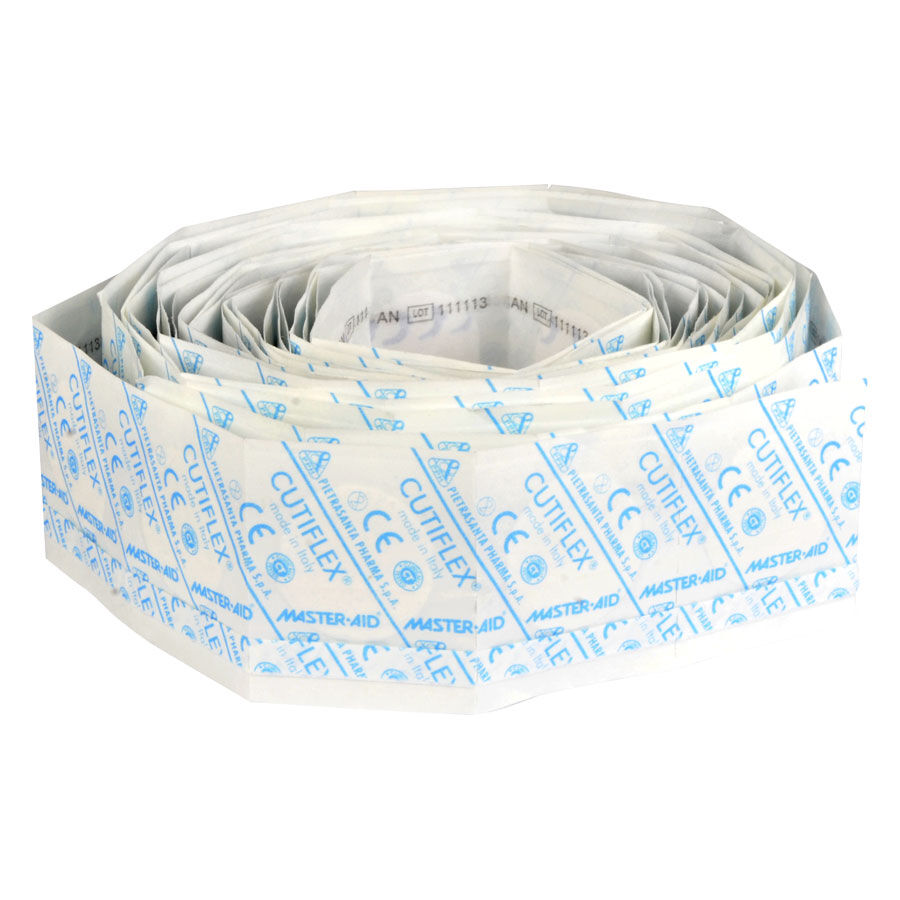 Cutiflex Round cerotti per piercing Cerotti rotondi Cutiflex di Master Aid, bianchi con scritta blu su sfondo bianco