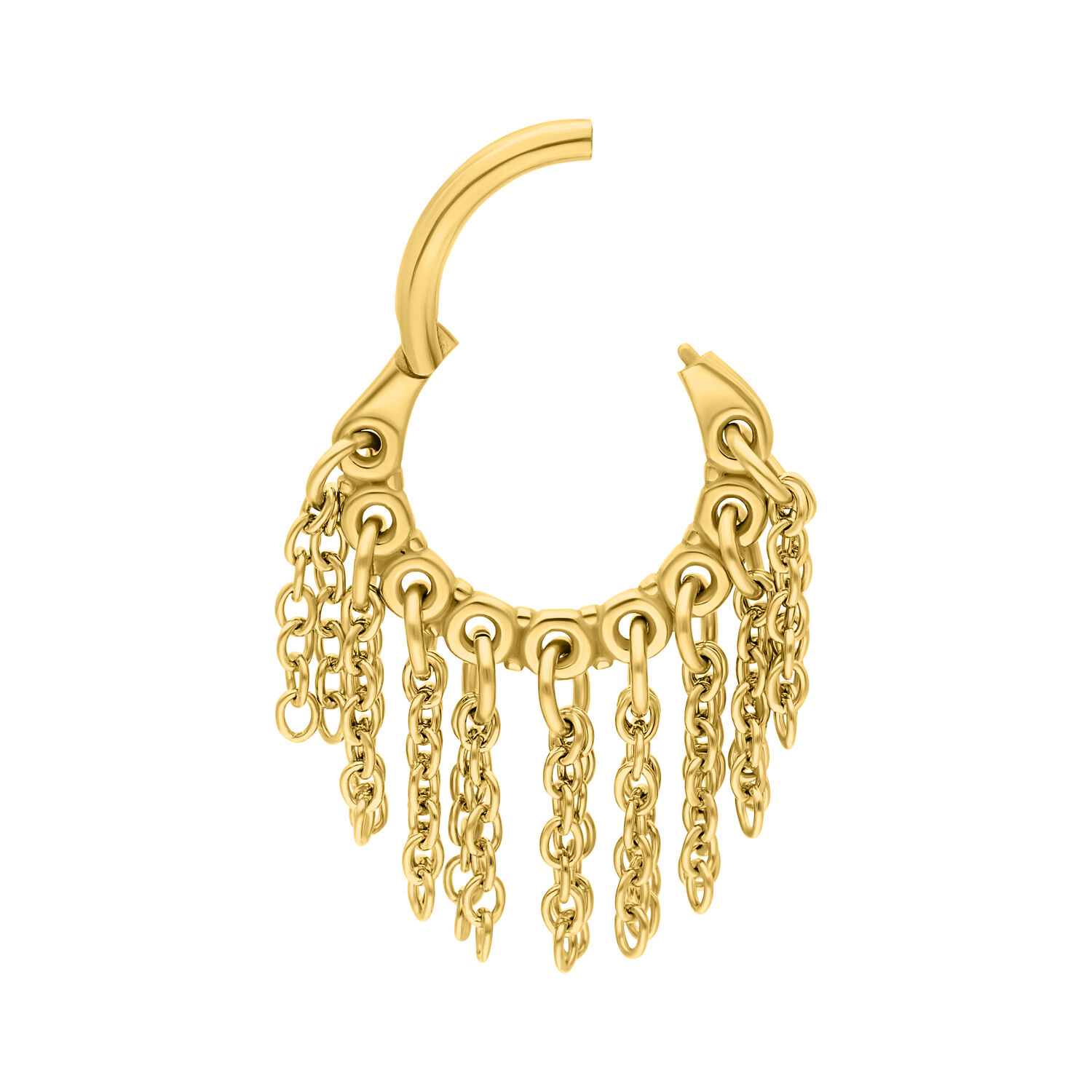 Clicker Piercing con Piccole Catene Dorate Piercing dorato con pendenti a catena su sfondo bianco